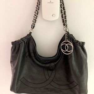 CHANEL XLarge Hobo shoulder bag black caviar leather two piece set vintage